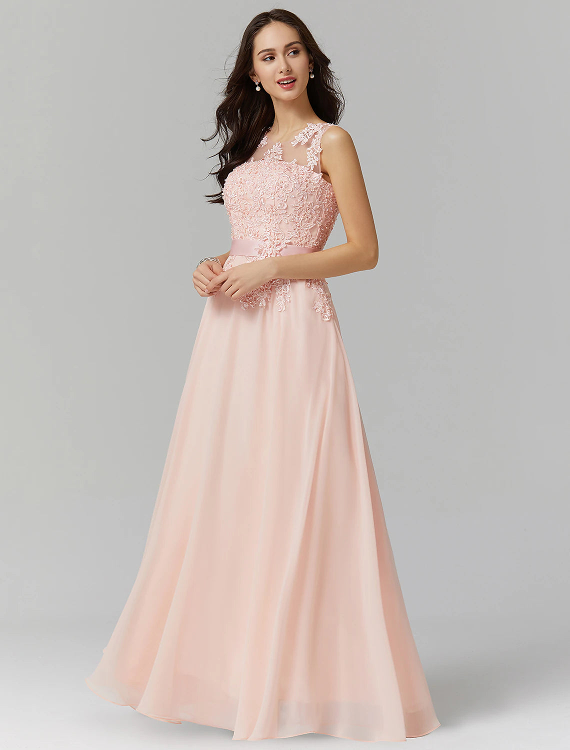 Abito da damigella d'onore a trapezio, elegante, senza maniche, in chiffon/pizzo con applicazioni, lunghezza al pavimento
